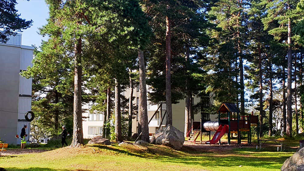 Bild från Sätra med en lekpark bland tallar.